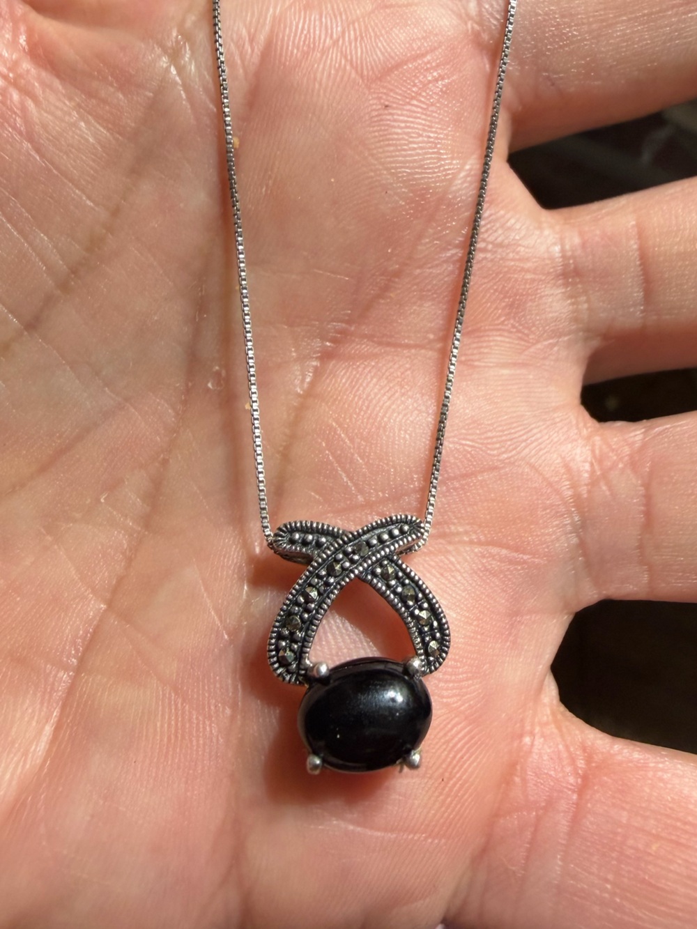 Vintage 925 Sterling Silver Marcasite Black Onyx Pendant Necklace